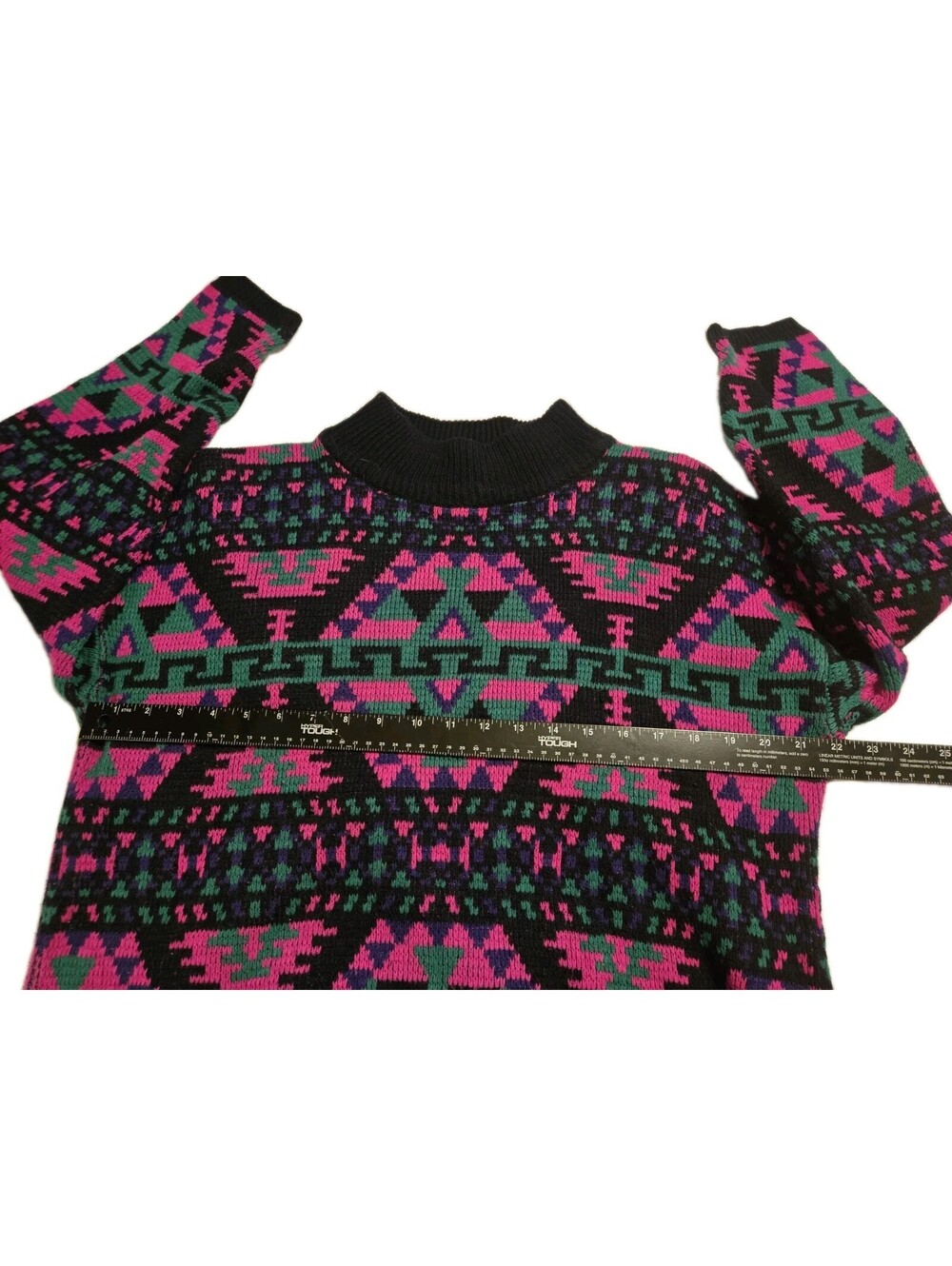 Vintage 90s Jamie Scott Geometric Pattern Knit Sweater Pink Green Acrylic S 80s - Picture 7 of 7